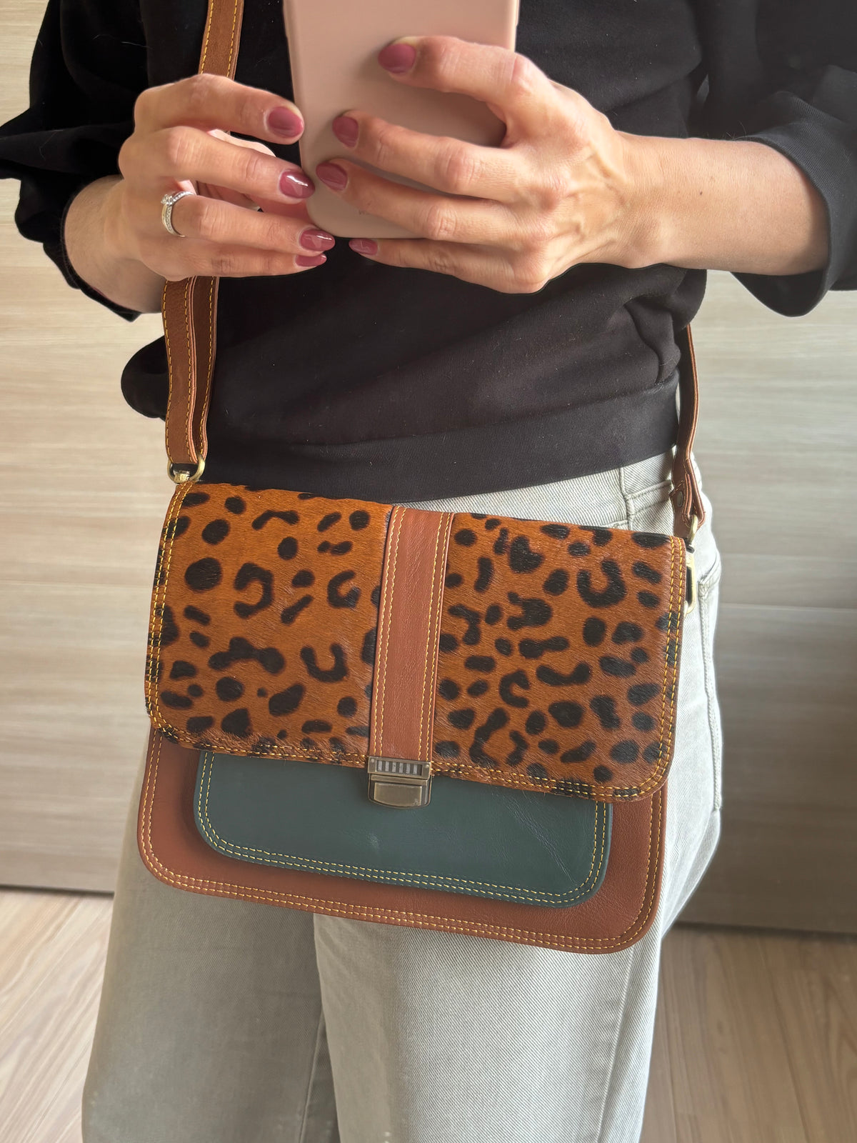 Leren tas met luipaardprint - bruin