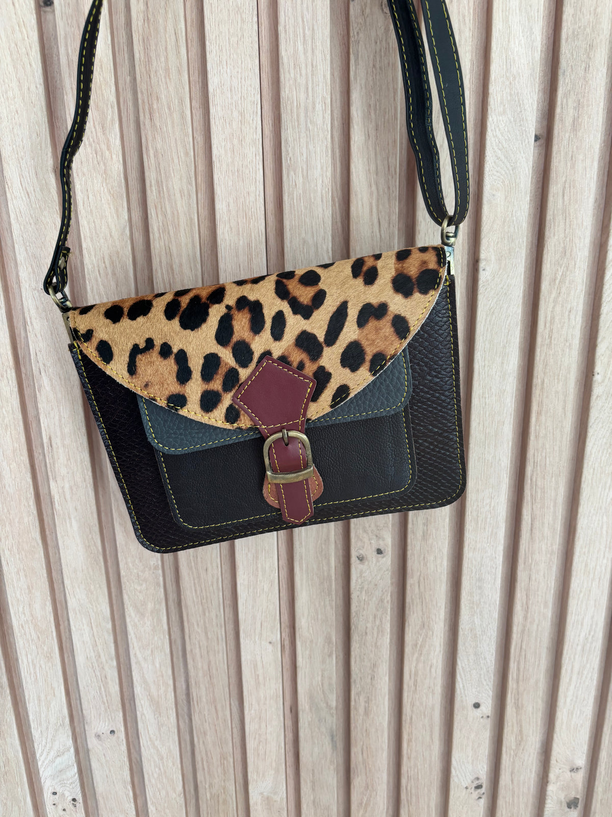 Leren tas met luipaardprint - donkerbruin