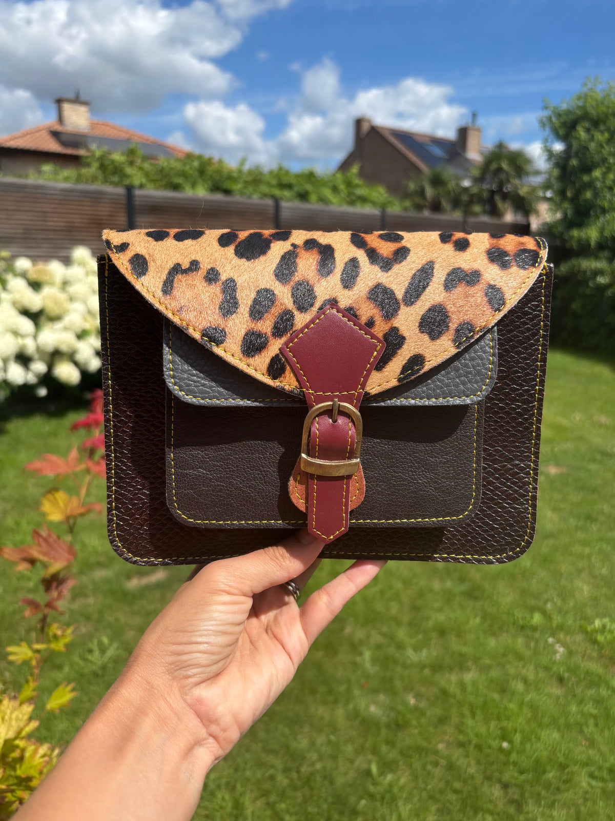 Leren tas met luipaardprint - donkerbruin