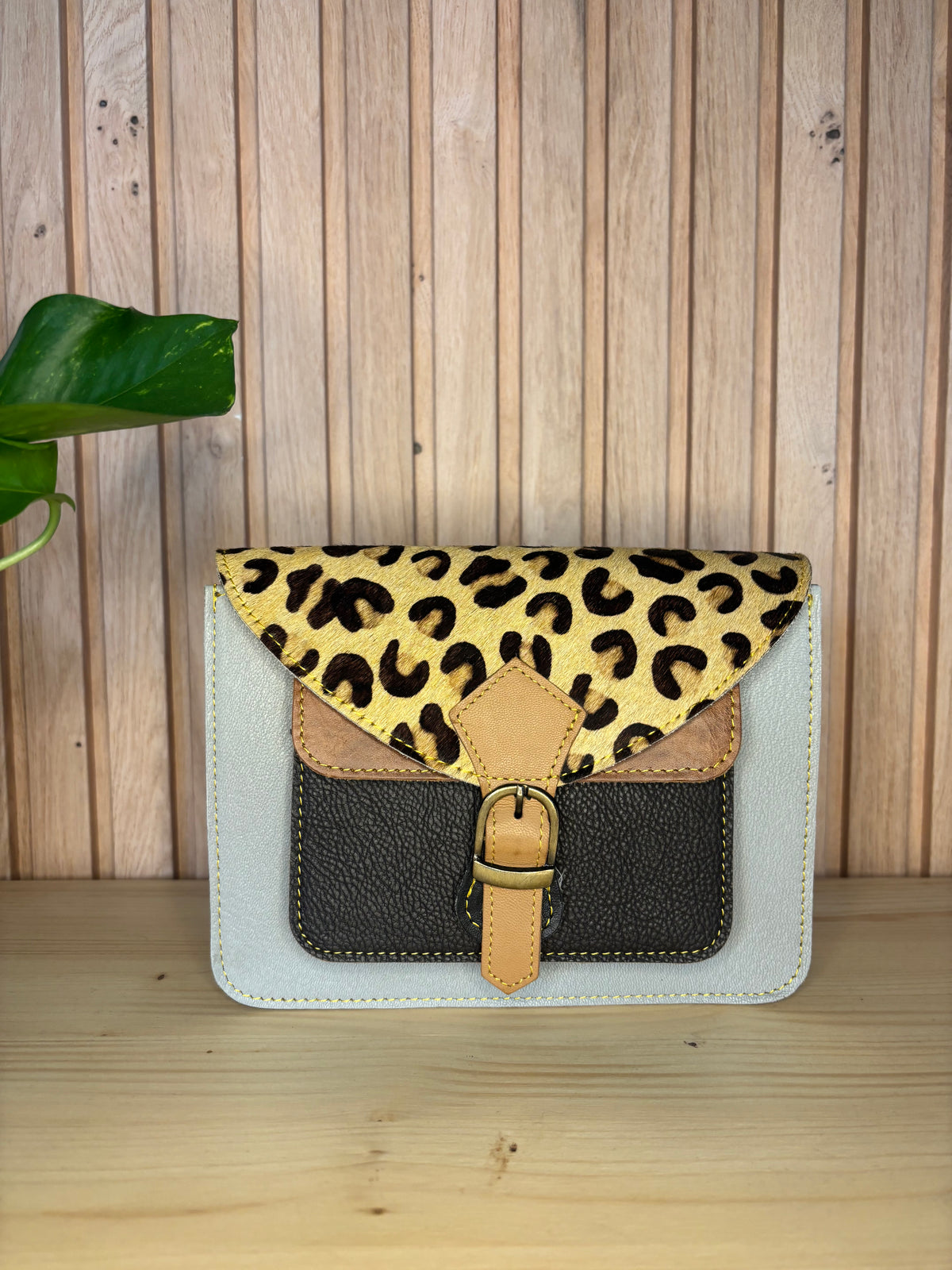 Leren tas met luipaardprint - grijs