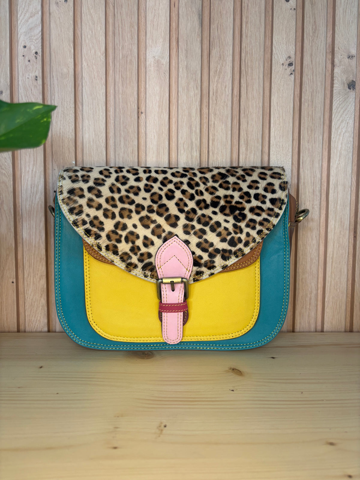 Leren tas met luipaardprint - blauw/geel