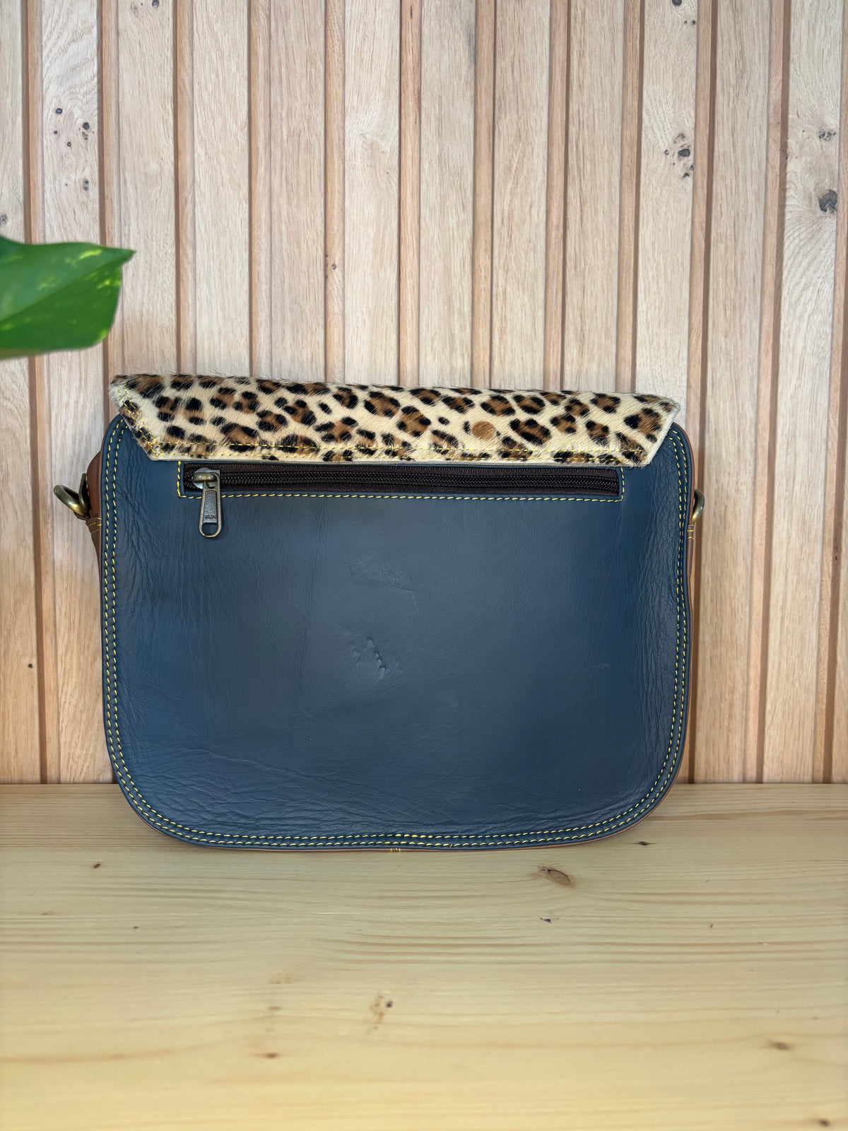 Leren tas met luipaardprint - blauw/geel