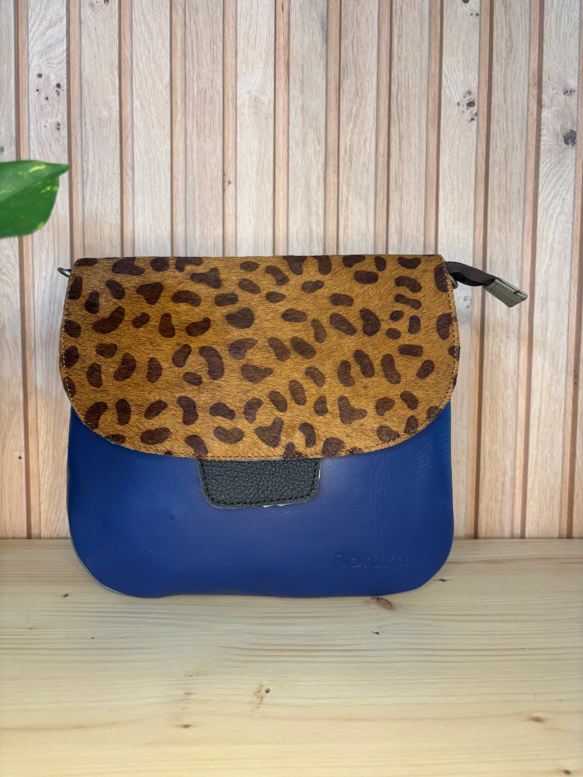 Leren tas met luipaardprint - donkerblauw