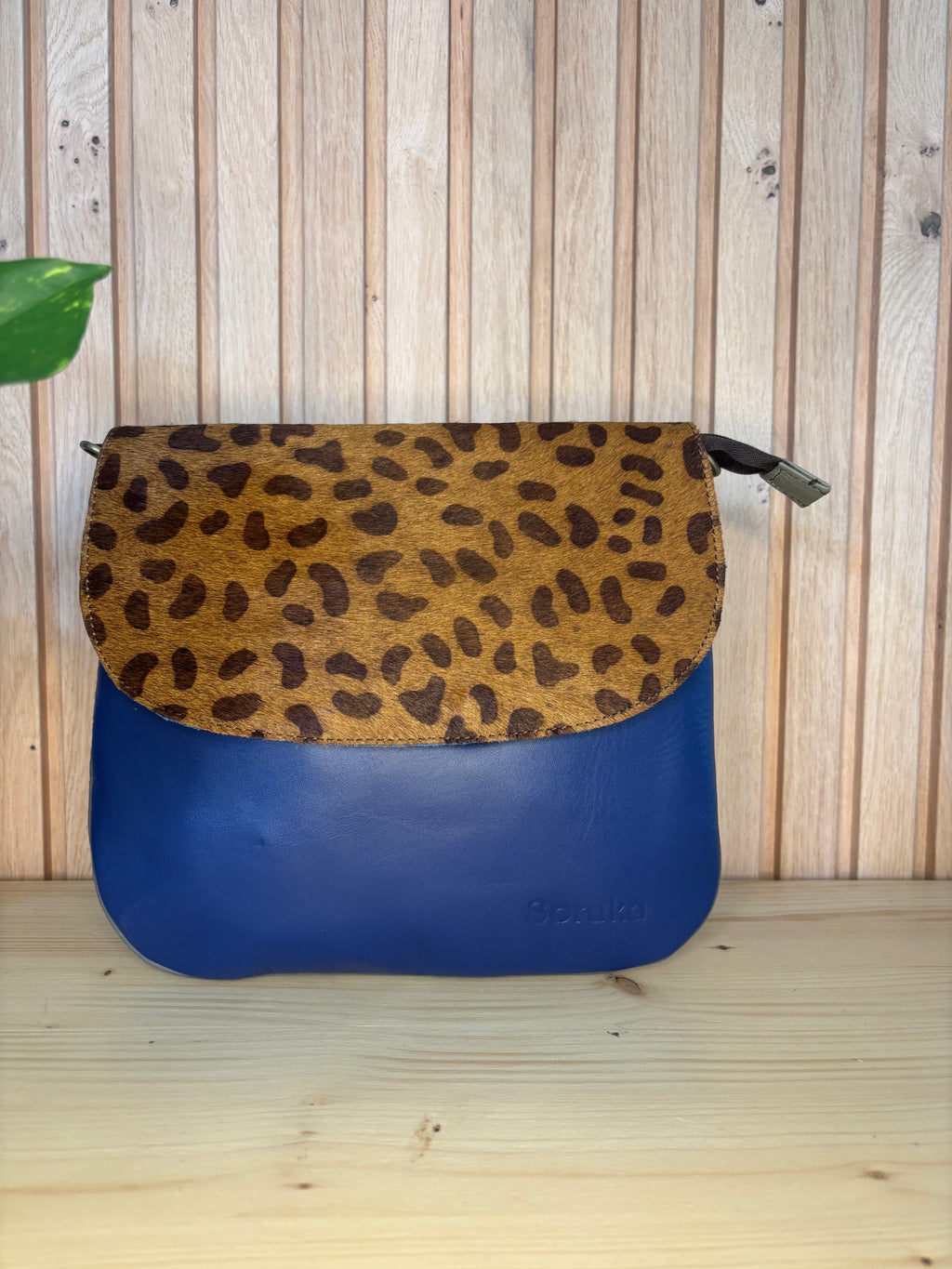 Leren tas met luipaardprint - donkerblauw