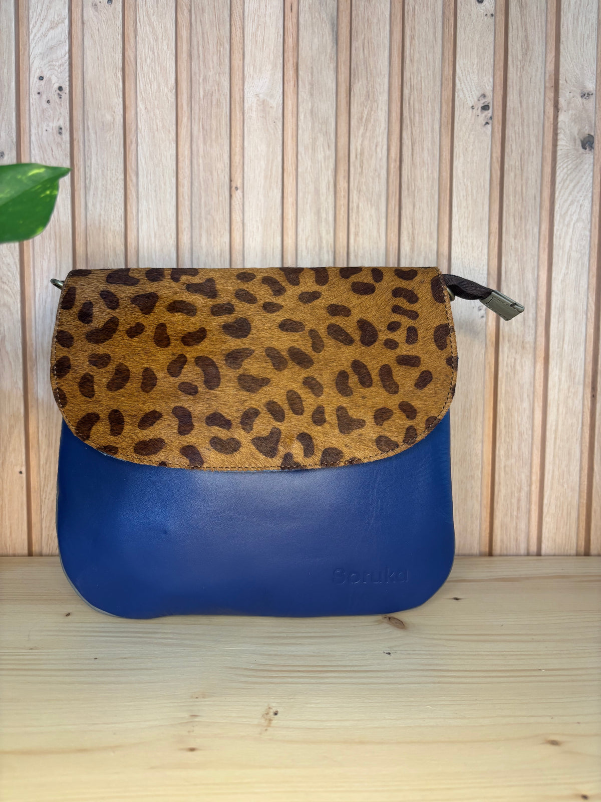 Leren tas met luipaardprint - donkerblauw