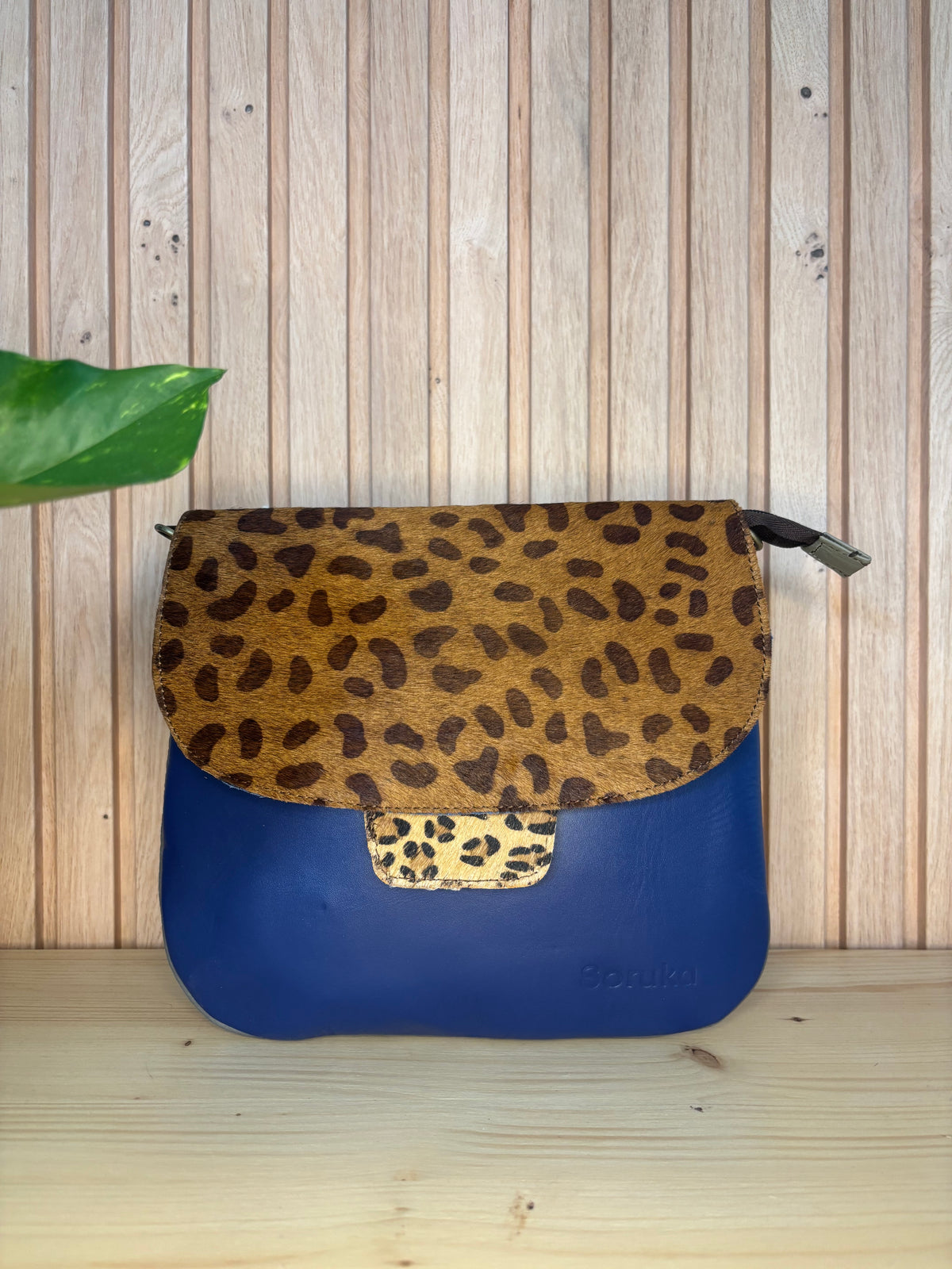 Leren tas met luipaardprint - donkerblauw