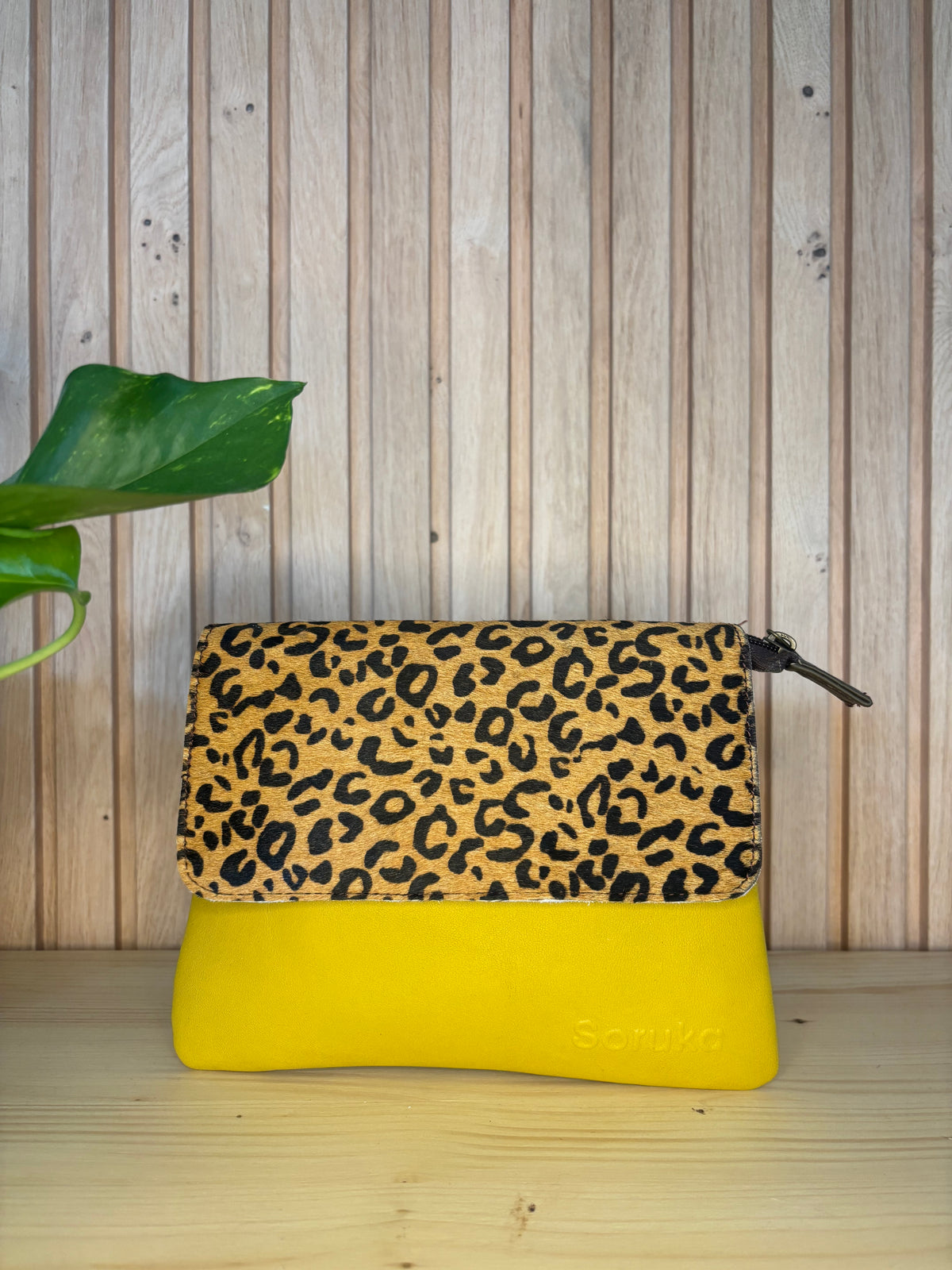 Leren tas met luipaardprint - geel