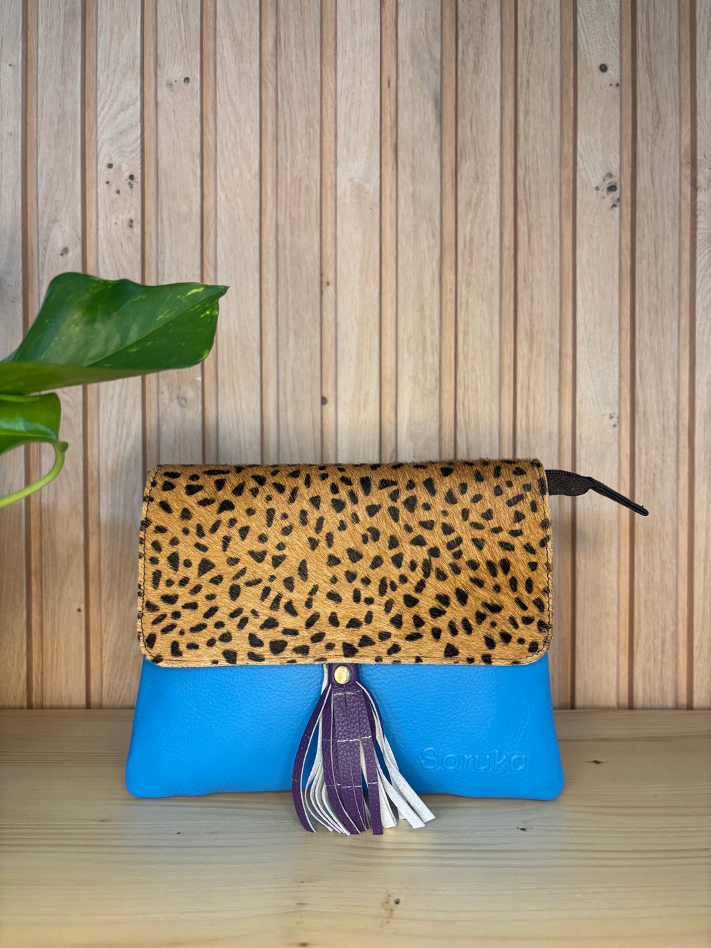Leren tas met luipaardprint - blauw