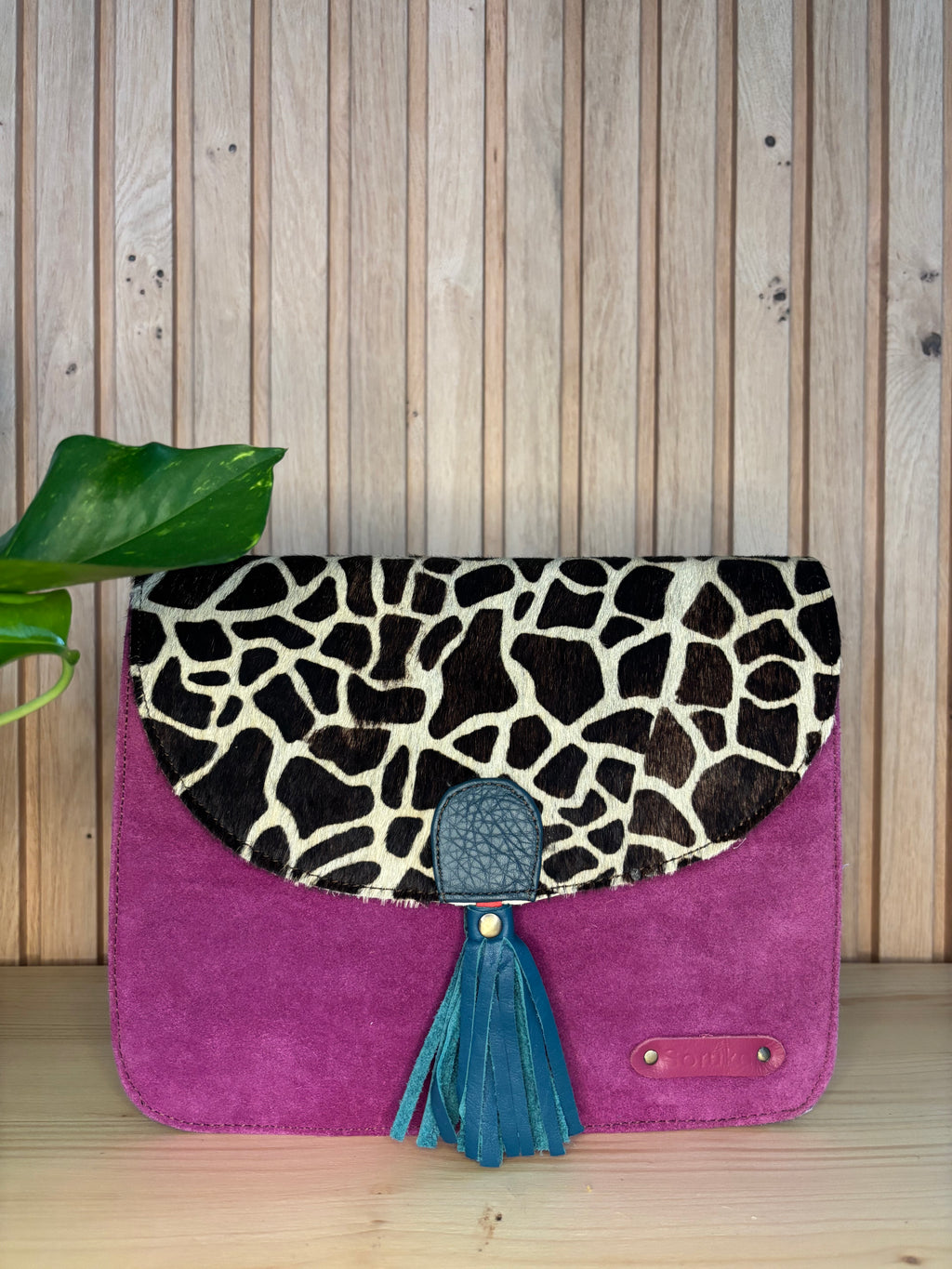 Leren tas met suède en girafprint - paars
