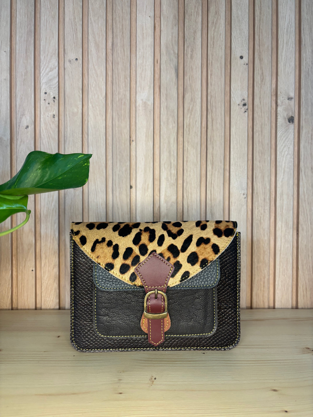Leren tas met luipaardprint - donkerbruin