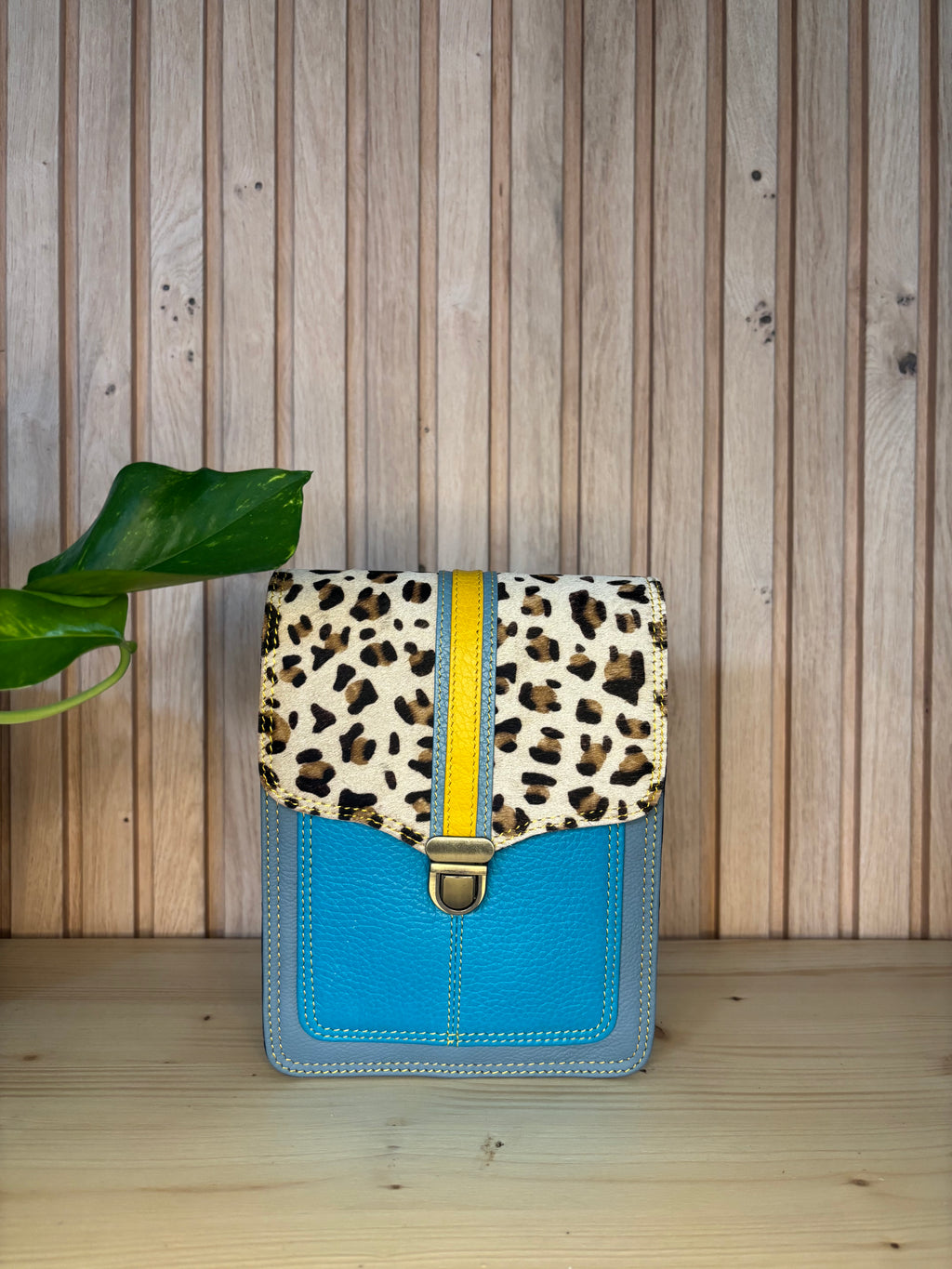 Leren tas met luipaardprint - turquoise