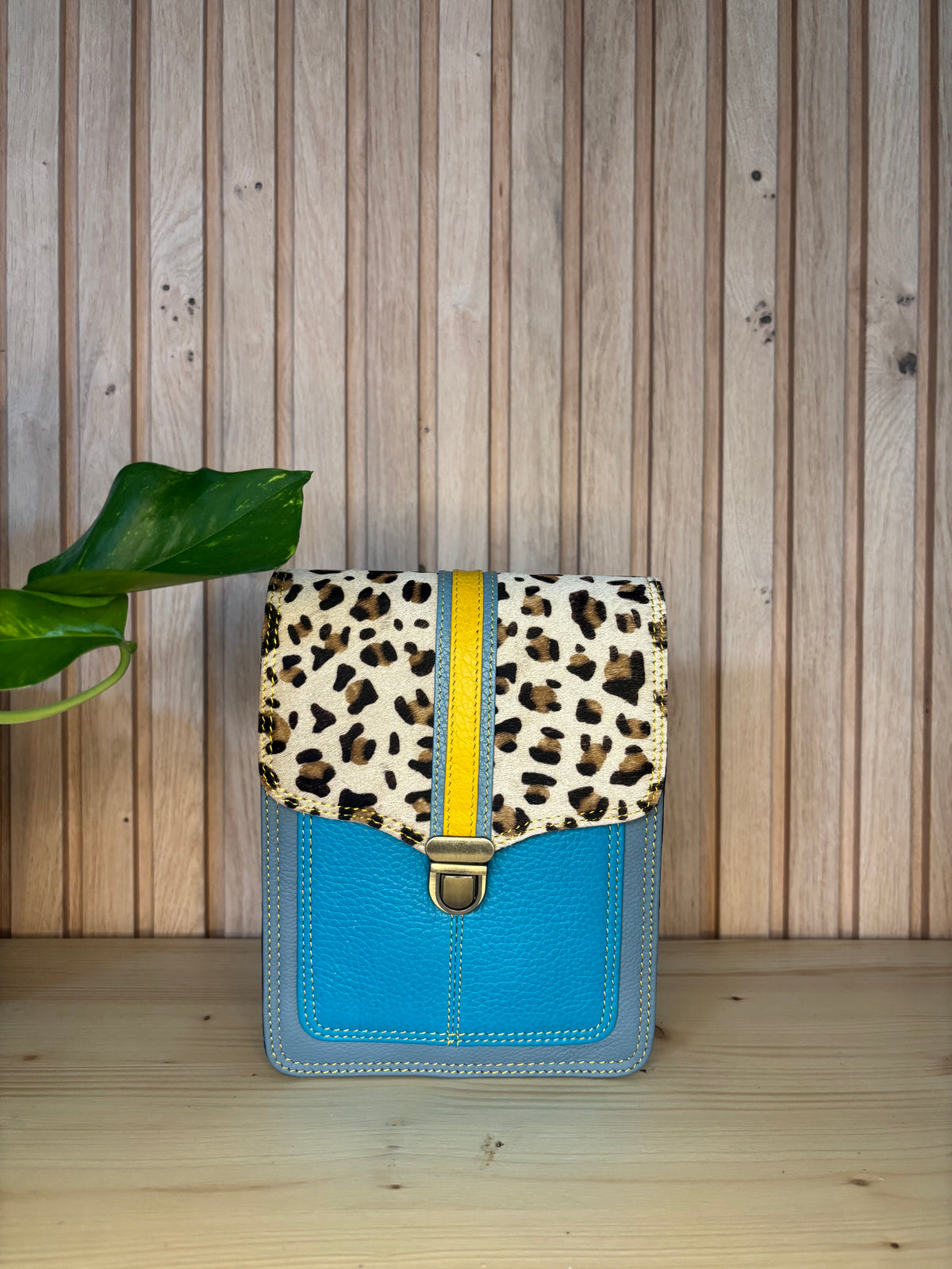 Leren tas met luipaardprint - turquoise