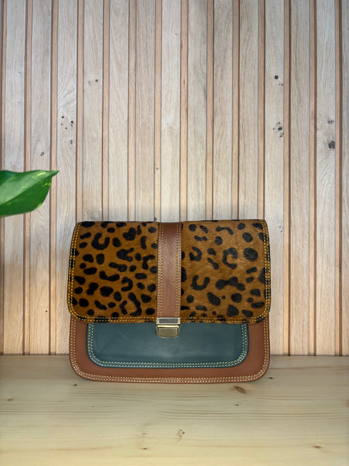 Leren tas met luipaardprint - bruin