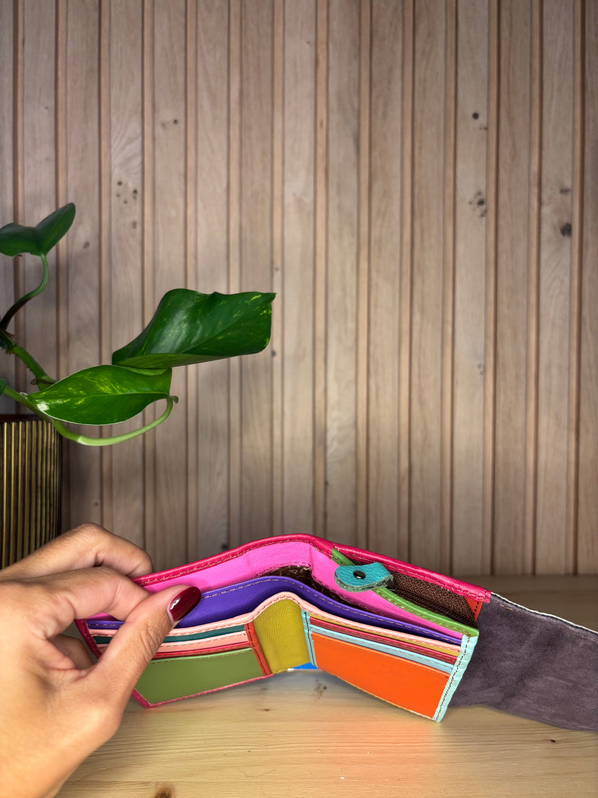 Leren enveloppe portemonnee - fuschia